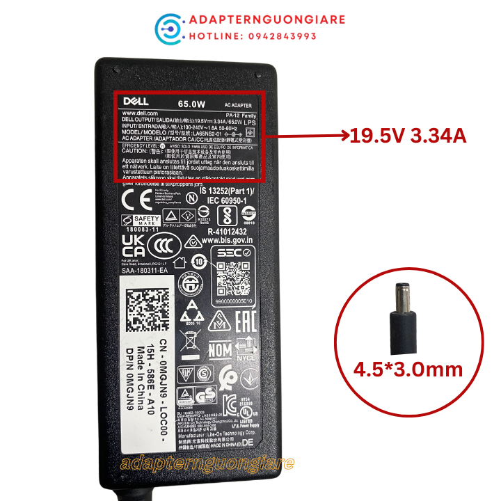 Nguồn Sạc laptop Dell Chromebook 13  19.5V 3.34A 65W hàng xịn