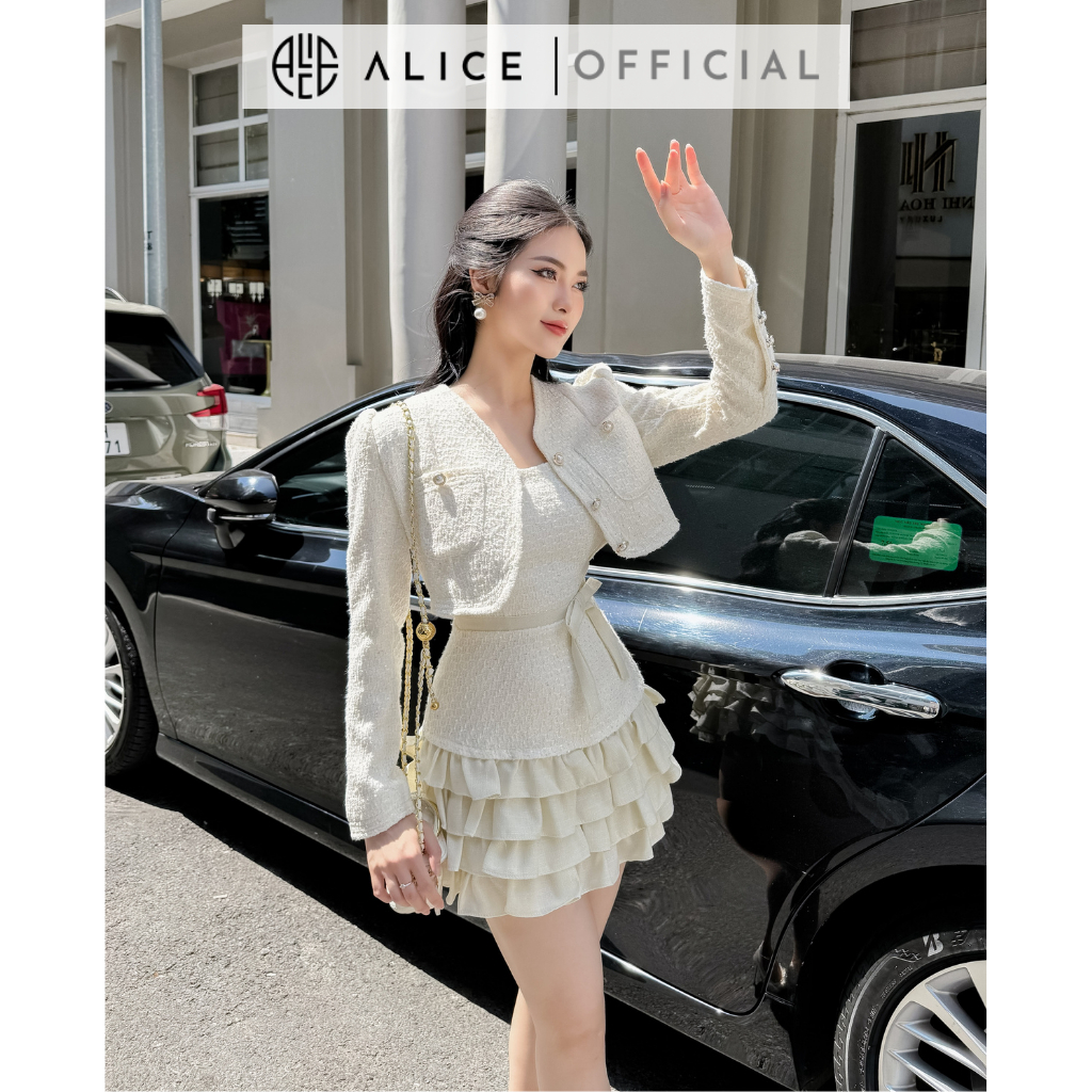 Set Váy Dạ Tiểu Thư ALICE Váy 2 Dây Bèo Tầng Kèm Áo Khoác Ngoài Chất Dạ Nhũ Cao Cấp Phong Cách Tiểu Thư Sang Chảnh S458