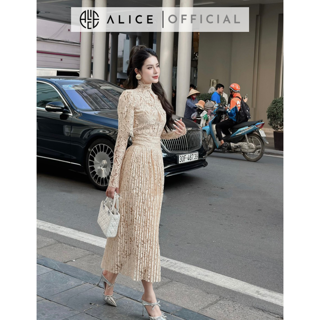 Set Tiểu Thư Áo Cao Cổ Tay Dài Kèm Chân Váy Dập Li Dáng Xoè ALICE Chất Liệu Ren Điệu Đà Nữ Tính S462