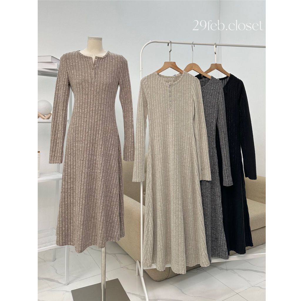 Váy Xinh Nữ Dài Tay Chất Len Gân Dáng Ôm Xòe Dài Nhẹ Nhàng Khuy Cổ Thời Trang Thu Đông - 29feb.closet - V172