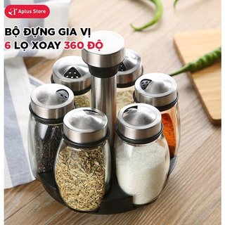 Bộ 6 Lọ Đựng Gia Vị Bằng Thủy Tinh Kèm Giá Để Xoay 360 Độ tiện dụng APLUS