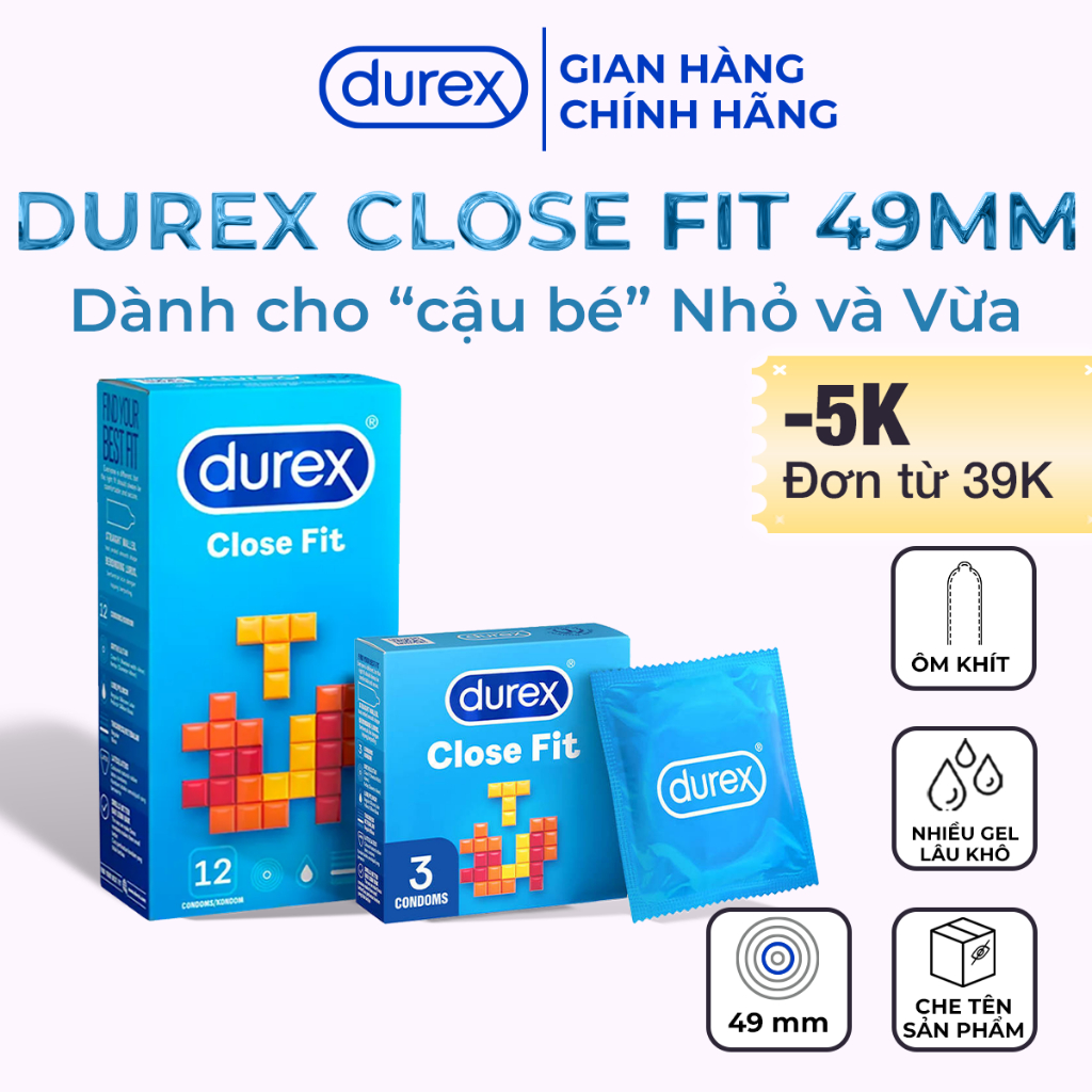 Bao Cao Su Durex Close Fit 49mm Siêu Mỏng Ôm Khít Như Thật Cho Cậu Bé Nhỏ Vừa Hộp 3 Cái 12 cái BCS