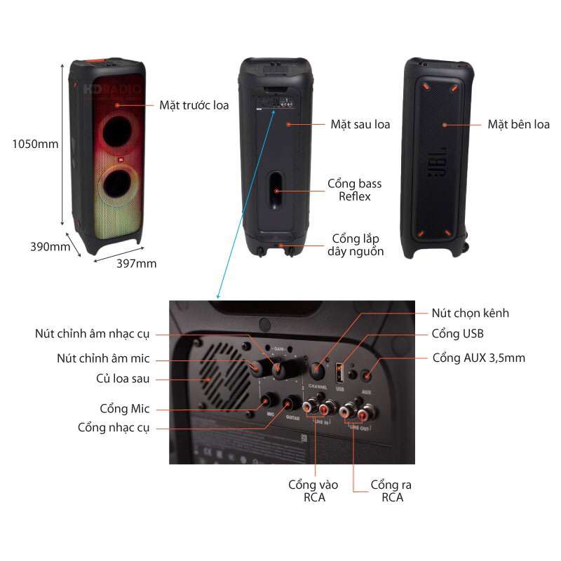 Loa Bluetooth JBL PARTYBOX 1000, Loa 3 đường tiếng, công suất 1100W - Hàng Chính hãng PGI