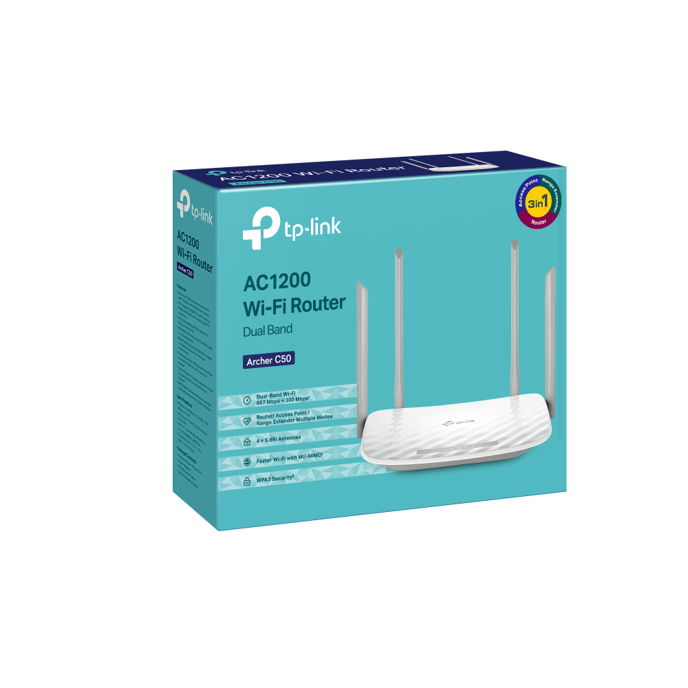 Bộ Phát Wifi TP-Link Archer C50 Chính hãng (4 anten 5dBi, 1200Mbps, 2 băng tần, Repeater, 4port 100Mbp)