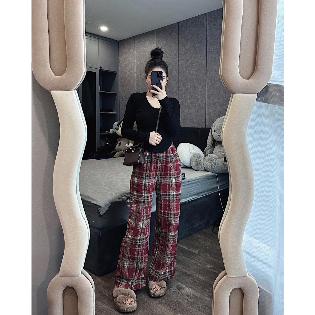 Set Áo Body Vạt Nhọn Mix Quần Dạ Kẻ 2 Màu Hồng, Đen Siêu Xinh