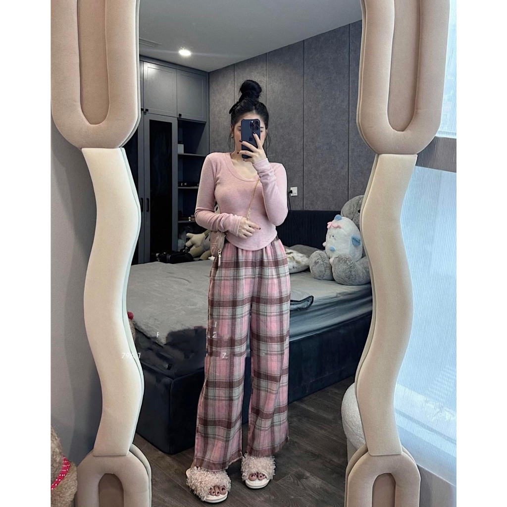 Set Áo Body Vạt Nhọn Mix Quần Dạ Kẻ 2 Màu Hồng, Đen Siêu Xinh