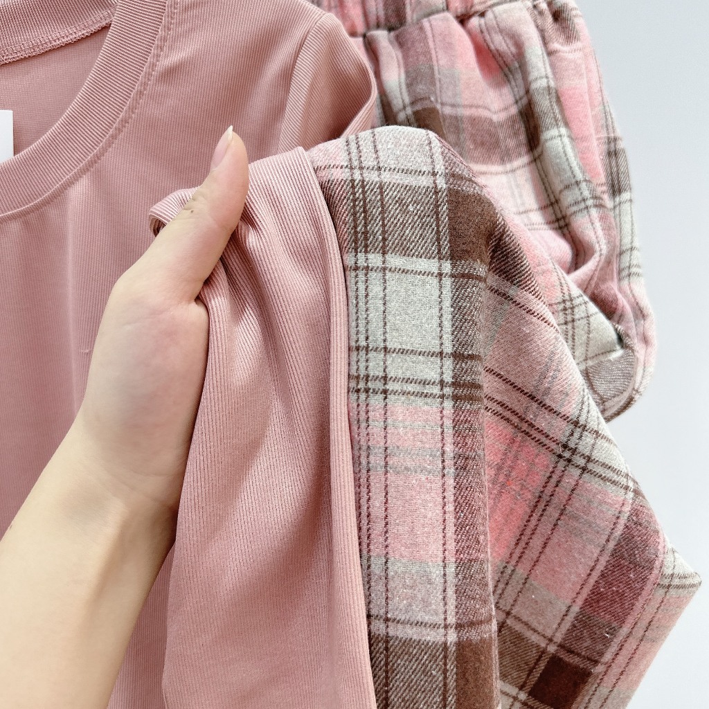 Set Áo Body Vạt Nhọn Mix Quần Dạ Kẻ 2 Màu Hồng, Đen Siêu Xinh