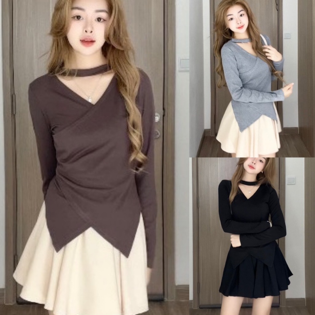 áo thun nữ cổ tim dây dây cổ choker,áo kiểu nữ thum tăm co giãn thiết kế vạt chéo A626 SUTANO