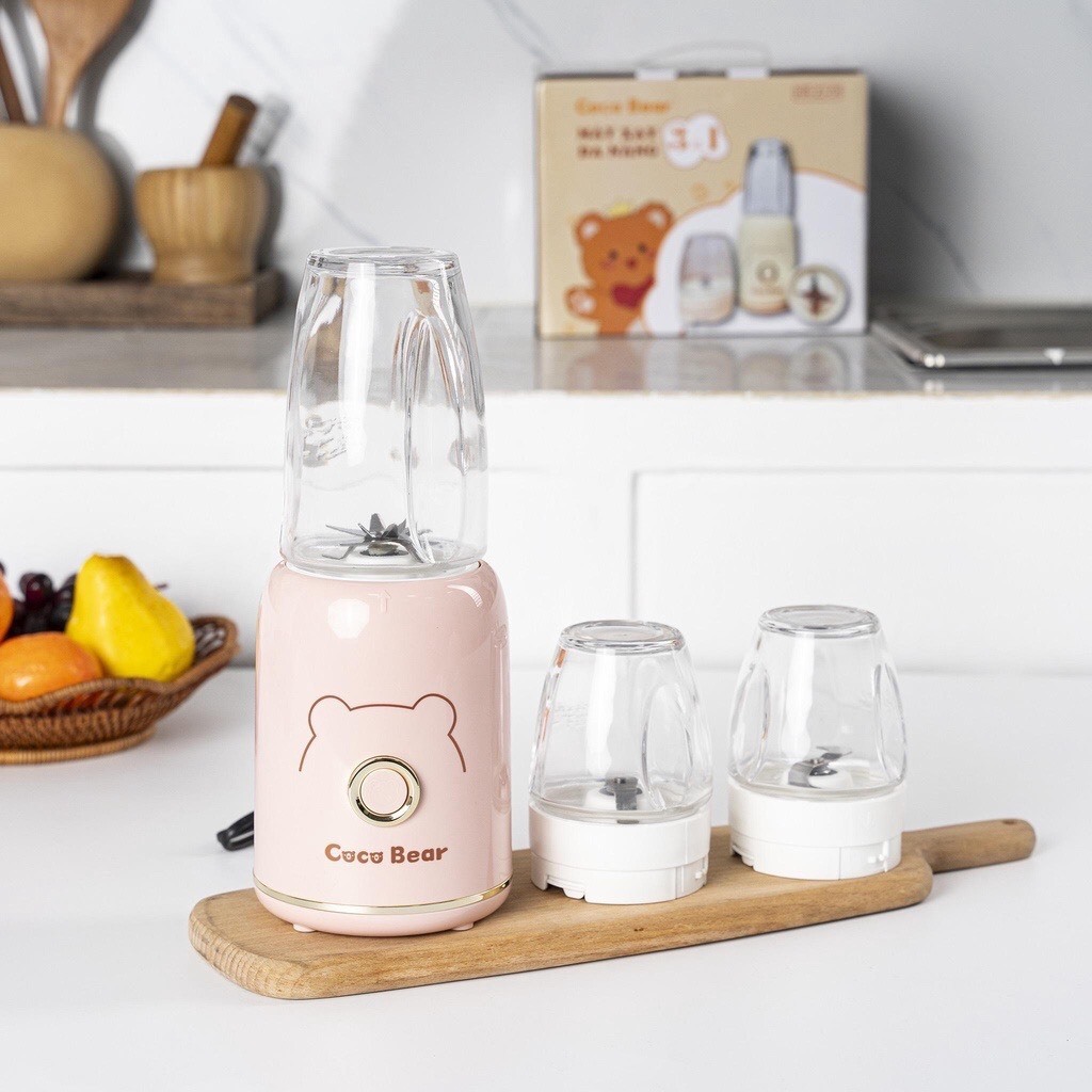 Máy Xay 3 Cối Thủy Tinh Coco Bear Máy Xay Ăn Dặm Cho Bé Xay Rau Củ Quả Xay Thịt Xay Bột Nhuyễn Mịn Cho Bé Ăn Dặm
