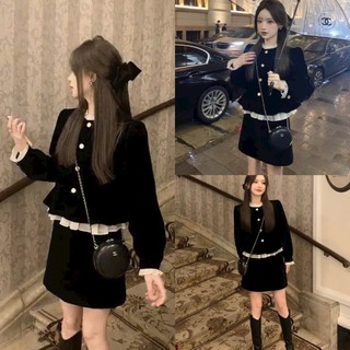 Set nhung bèo viền ren áo dáng peplum mix chân váy dáng a tiểu thư
