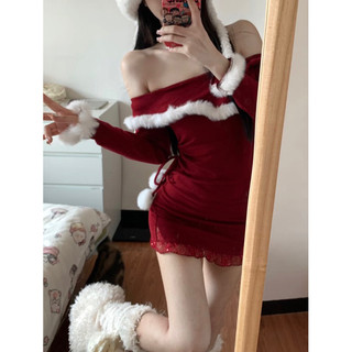 ĐẦM GIÁNG SINH TRỄ VAI VIỀN LÔNG THỎ CUTE DÂY BUỘC QUẢ LÔNG CẠNH EO DỄ THƯƠNG