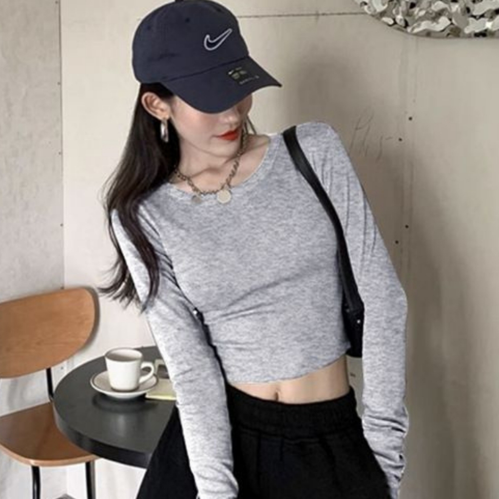 Áo thun croptop ôm body cổ tròn, áo croptop nữ dài tay chất thun gân co dãn tốt form xinh VIETSTAR