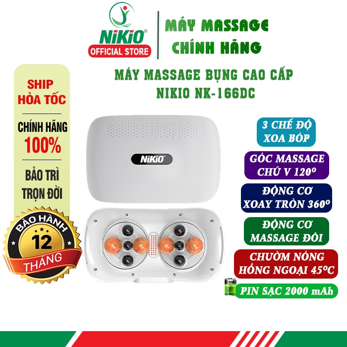 Máy matxa bụng Nikio NK-166DC - Pin Sạc Tiện Lợi, 2 Động Cơ Massage 4D Xoa Bóp Kết Hợp Nhiệt Sưởi, Giảm Mở Nhanh