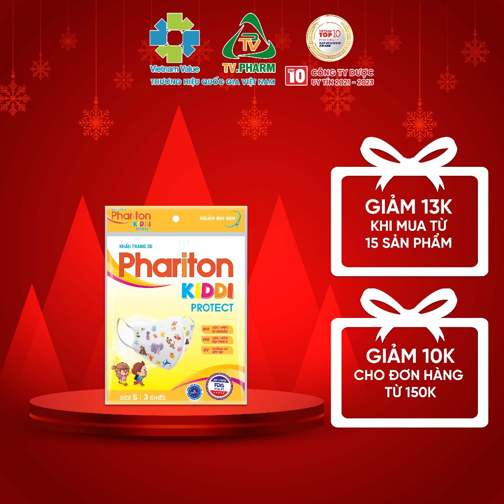 KHẨU TRANG 3D PHARITON KIDDI PROTECT - Dành cho rẻ em, thông thoáng dễ chịu, an toàn (1 túi 3 cái dễ thương size S)