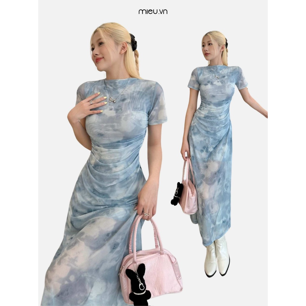 Đầm thun lưới nữ thiết kế rút nhún eo loang màu tie-dye MIEU - KN05
