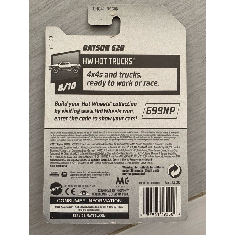 Hotwheels Datsun 620 card Mĩ
