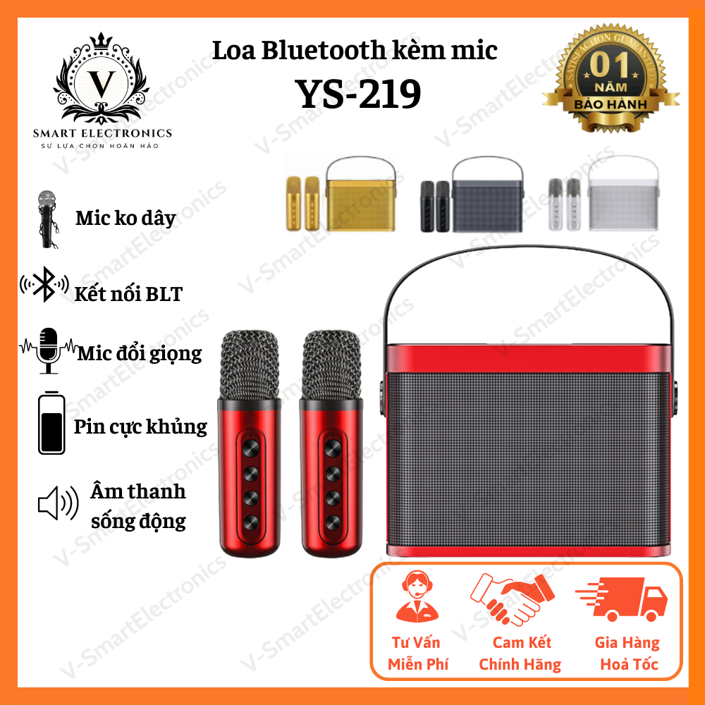 Loa karaoke YS-219 kèm 2 mic không dây, loa bluetooth âm thanh sống động, micro hút giọng, công suất 45W, BH 12 tháng
