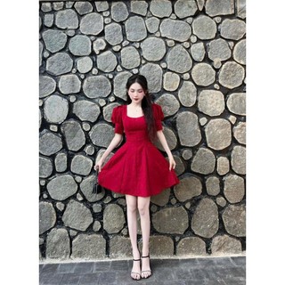 Đầm Váy Nữ Dáng Xòe Chiết Eo Tôn Dáng, Váy UMI Tay Búp Dự tiệc Đi Chơi Sang Chảnh, Màu Đỏ Siêu Xinh