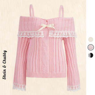   Bigsize 45-75kg   Order  Áo len form dài bẹt trễ vai hai dây viền ren tay nơ trước ngực đáng yêu 