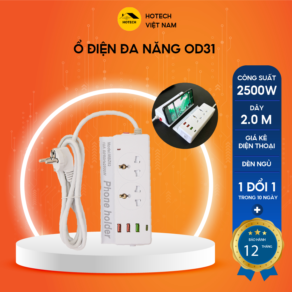 Ổ cắm điện đa năng HOTECH 2500w có đèn ngủ tích hợp 3 cổng USB và 1 Type C kiêm giá đỡ điện thoại tiện lợi OD31H
