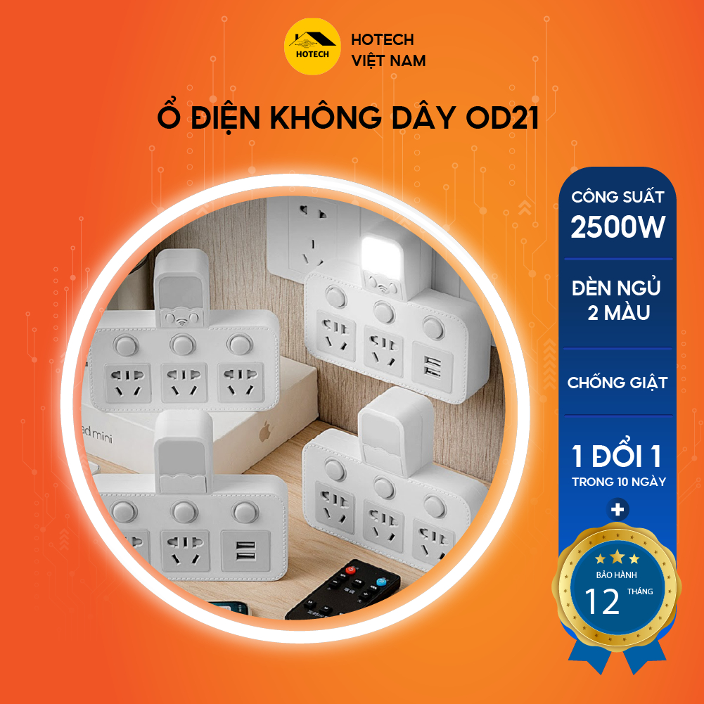 Ổ chia điện thông minh đa năng HOTECH 2 cổng sạc USB tiện lợi đèn ngủ led cao cấp chống giật có công tắc riêng OD21H