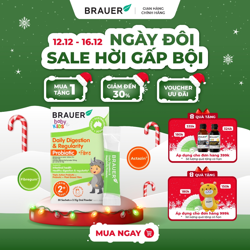 BRAUER Baby & Child DAILY DIGESTION & REGULARITY PROBIOTIC-Men vi sinh và chất sơ bổ sung hằng ngày(10 gói) Hàng tặng