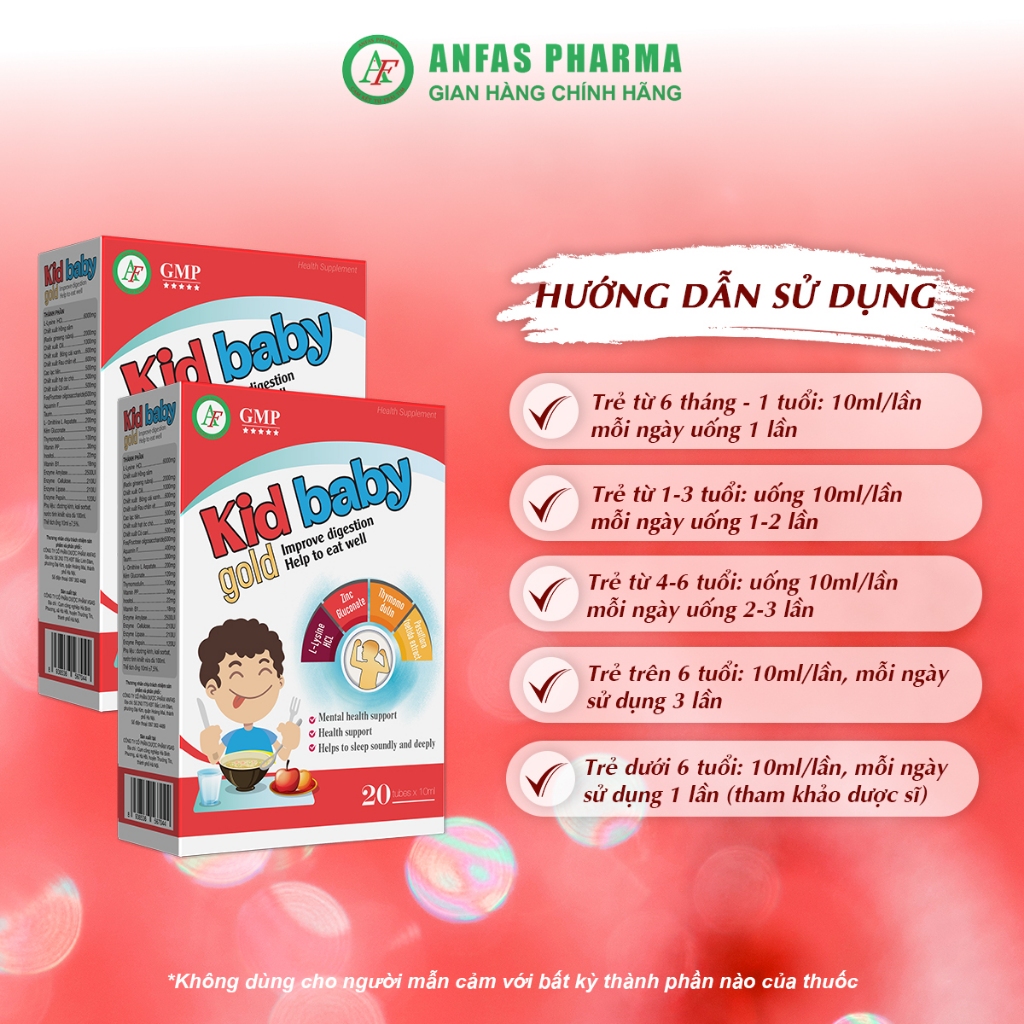 Siro Ăn Ngon Kid Baby Gold Tăng Cường Tiêu Hóa, Giúp Bé Ăn Ngon, Ngủ Ngon Và Sâu Giấc, Hộp 20 Ống 10ml – Anfas