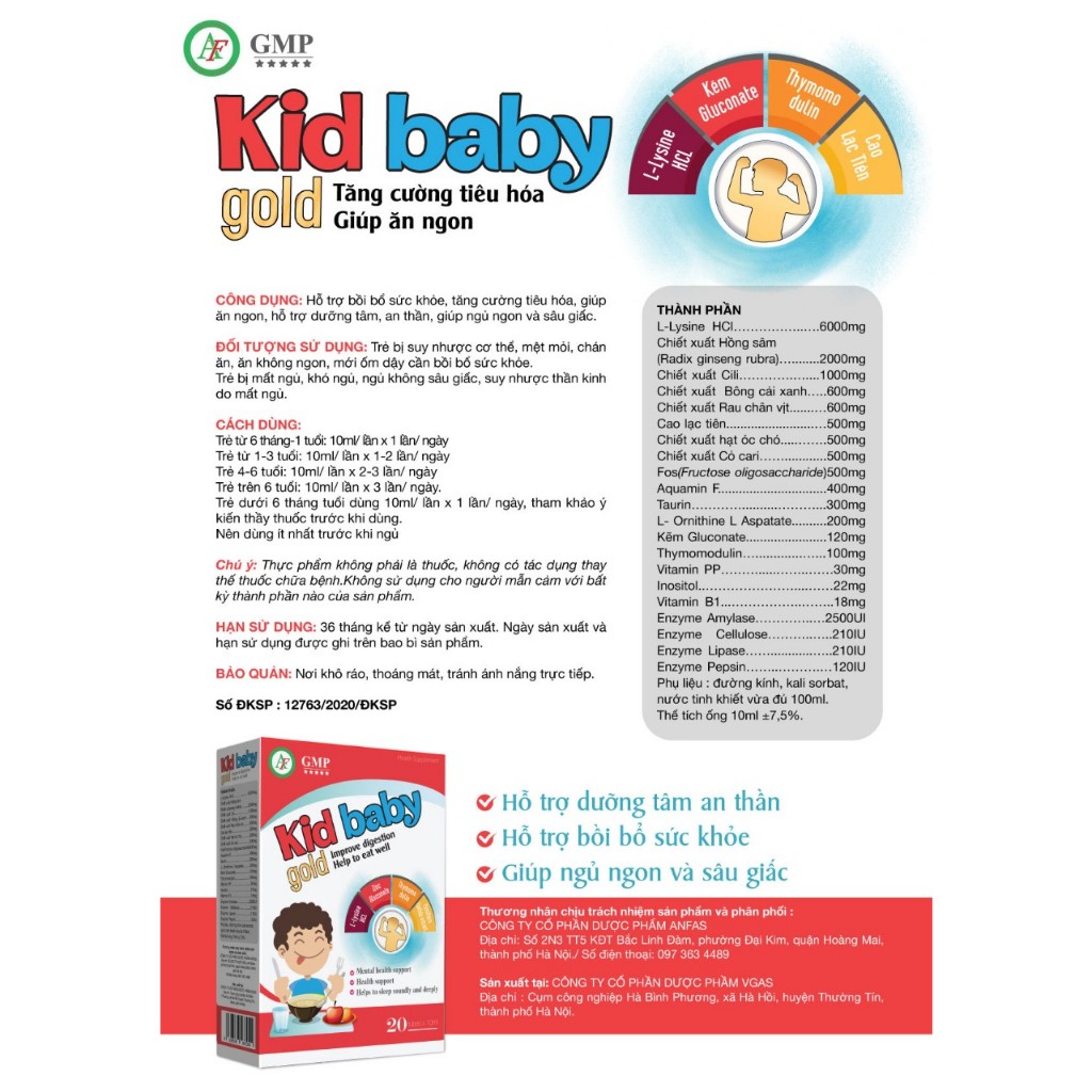 Siro Ăn Ngon Kid Baby Gold Tăng Cường Tiêu Hóa, Giúp Bé Ăn Ngon, Ngủ Ngon Và Sâu Giấc, Hộp 20 Ống 10ml – Anfas