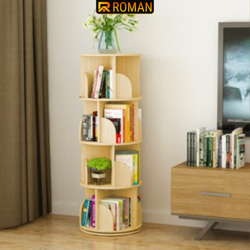 Kệ sách xoay tròn 4 tầng bằng gỗ MDF cao cấp hiện đại thương hiệu Roman - RO269