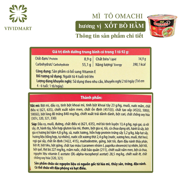 - MASAN - Mì OMACHI tô 3 vị: Xốt/Sốt Bò Hầm, Sườn Hầm Ngũ Quả, Tôm Chua Cay   - Mì khoai tây ăn liền