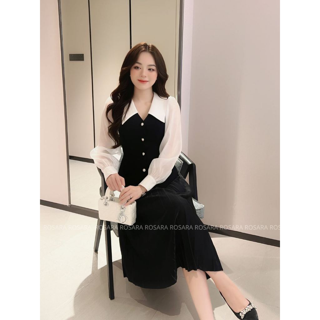 Áo Sơ Mi Nữ Dài Tay Chất Mango Tơ Màu Đen Pha Trắng Cổ Sơ Mi Thời Trang Nữ Rosara SM269