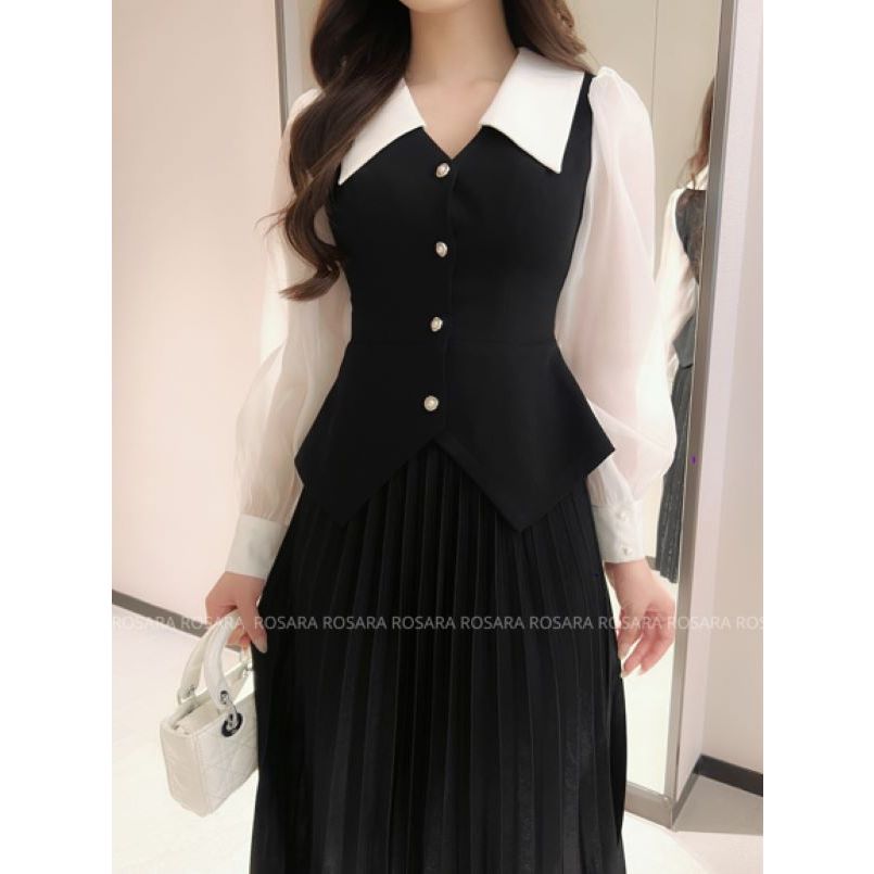 Áo Sơ Mi Nữ Dài Tay Chất Mango Tơ Màu Đen Pha Trắng Cổ Sơ Mi Thời Trang Nữ Rosara SM269