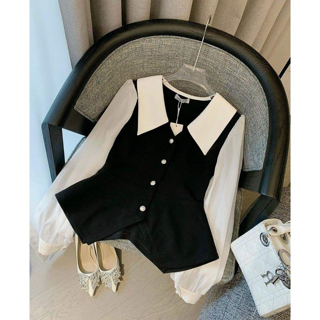 Áo Sơ Mi Nữ Dài Tay Chất Mango Tơ Màu Đen Pha Trắng Cổ Sơ Mi Thời Trang Nữ Rosara SM269