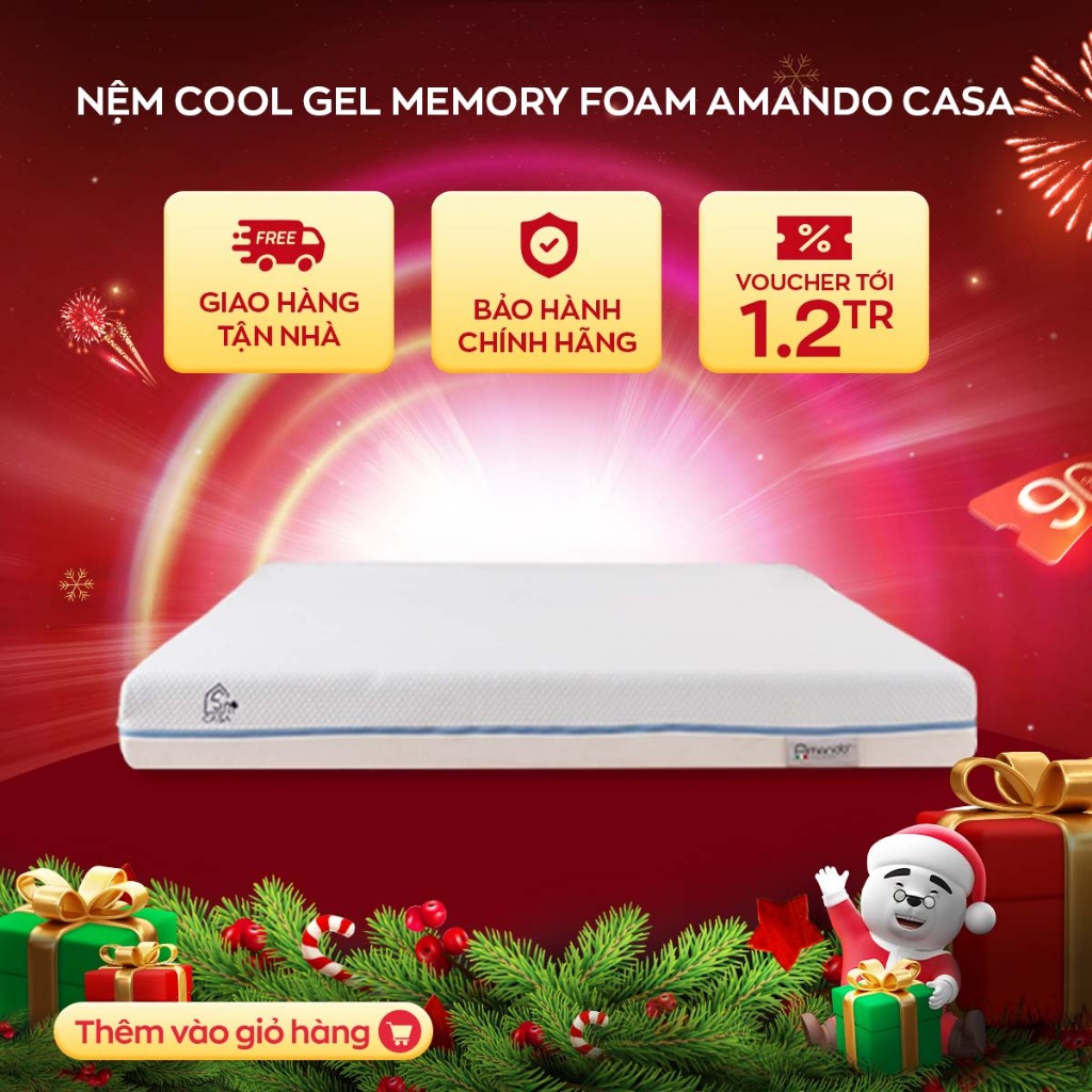 Nệm Foam Amando Cool Gel Memory Casa 20cm 4 mùa tiện ích giảm thiểu nhức mỏi tối đa hàng chính hãng Vua Nệm