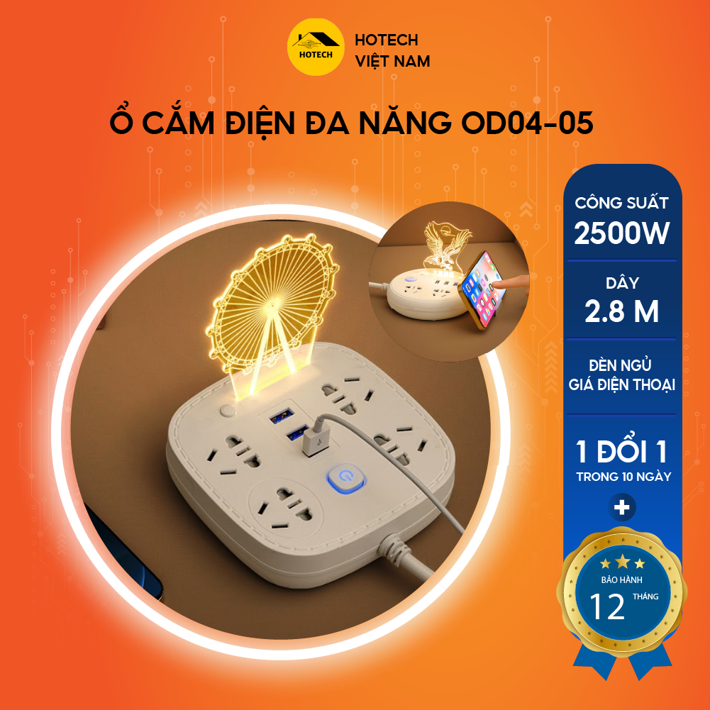 Ổ cắm điện đa năng chống giật chống cháy hình tròn có đèn HOTECH tích hợp 3 cổng USB tiện dụng chịu tải 2500W OD04-05H