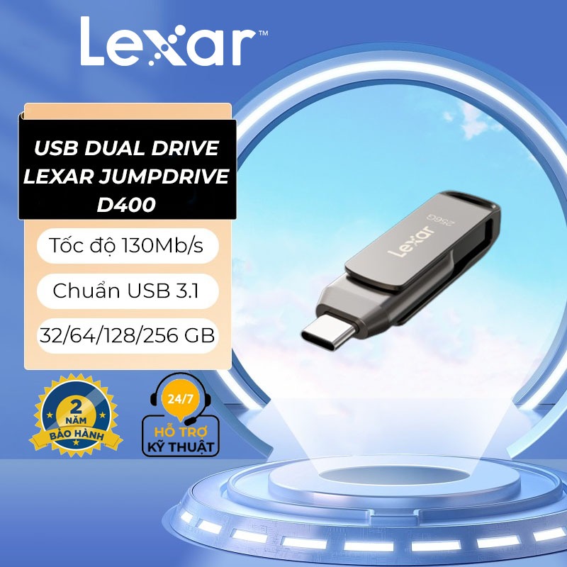 USB 3.1 32GB/ 64GB/ 128GB/ 256GB Lexar JumpDrive Dual Drive D400 Type-C/ Type-A, tốc độ đọc 130Mb/s, tương thích PC/ MAC