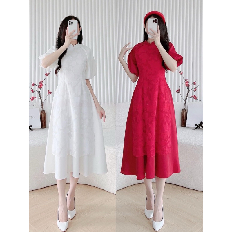Đầm áo dài cách tân phối ren