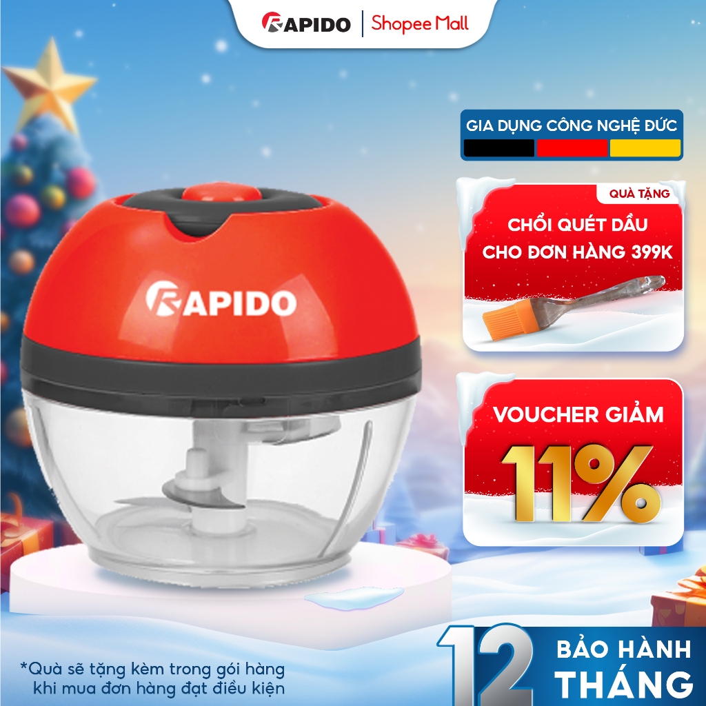 Máy xay tỏi ớt đa năng mini Rapido RC-3 có 3 lưỡi dao không gỉ, dễ dàng tháo lắp và vệ sinh