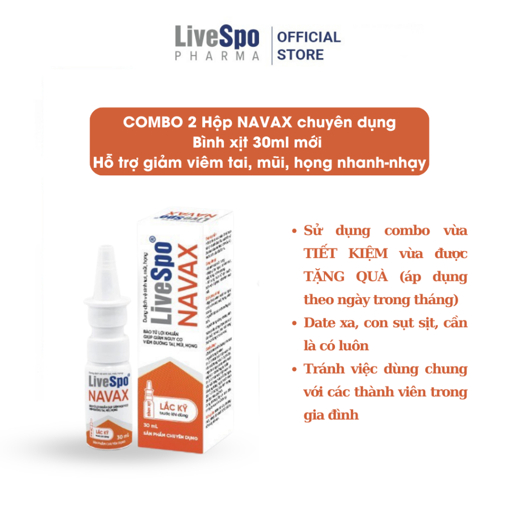 COMBO 2 Bình xịt sẵn LiveSpo NAVAX Chuyên dụng - Giảm nguy cơ viêm tai mũi họng - Hộp nhựa 30ml