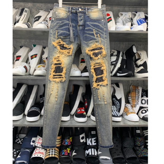 [HOT] Quần Jean Nam VLADAK Đính Đá Xanh Sẫm Loang Tua Vàng, Quần bò Vladak hoạ tiết đính đá bản cao cấp đẹp nhất ttrường