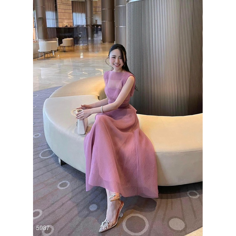 MAXI HỒNG TƠ GÂN NHĂN THẮT NƠ EO
