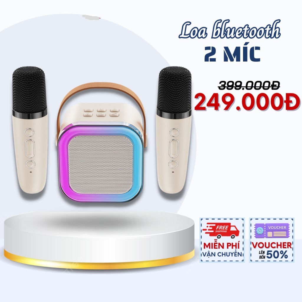 Bộ Loa Bluetooth Kèm 2 Mic Không Dây Mini Hát Karaoke Tại Nhà, có đèn Led RGB ,Dễ Sử Dụng Âm Thanh Vòm, Bass Căng