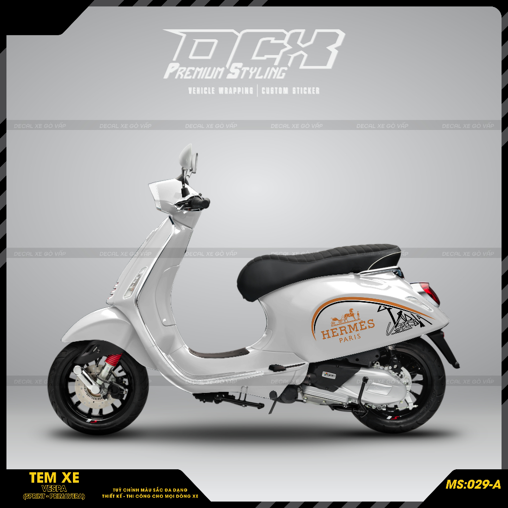 Tem Rời Hermes Dán Xe Vespa Sprint design by DECAL XE GÒ VẤP | Chất Liệu Decal Cao Cấp Chống Nước, Bền Màu | VESP-029