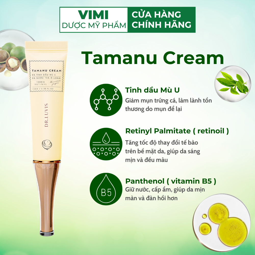 Kem chấm mụn Tamanu Cream Dr.Luvis giúp  giảm mụn, mờ thâm đỏ, thâm đen