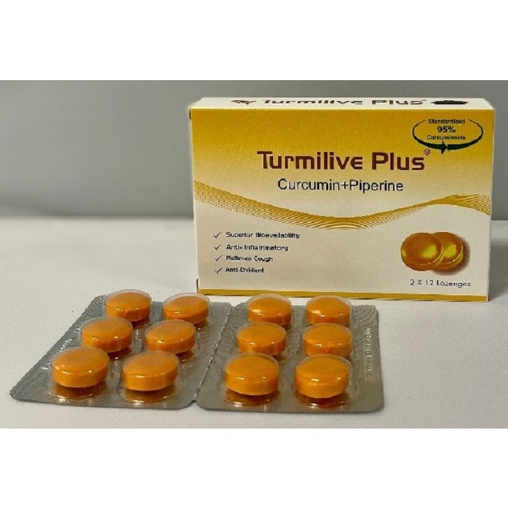 Kẹo Ngậm Lozen Pharma Turmilive Plus Curcumin Piperine vị nghệ hồ tiêu cay mật ong Hộp 24 Viên (2 vỉ x 12 viên kẹo ngậm)