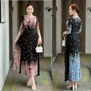 Đầm kiểu áo dài họa tiết hoa, cổ tròn, tay lỡ, lớp trong tùng váy xòe - GR0304