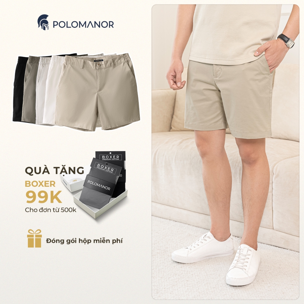 Quần short nam ngắn POLOMANOR vải kaki xuất xịn, lưng đai thun, co giãn 2 chiều, chuẩn form