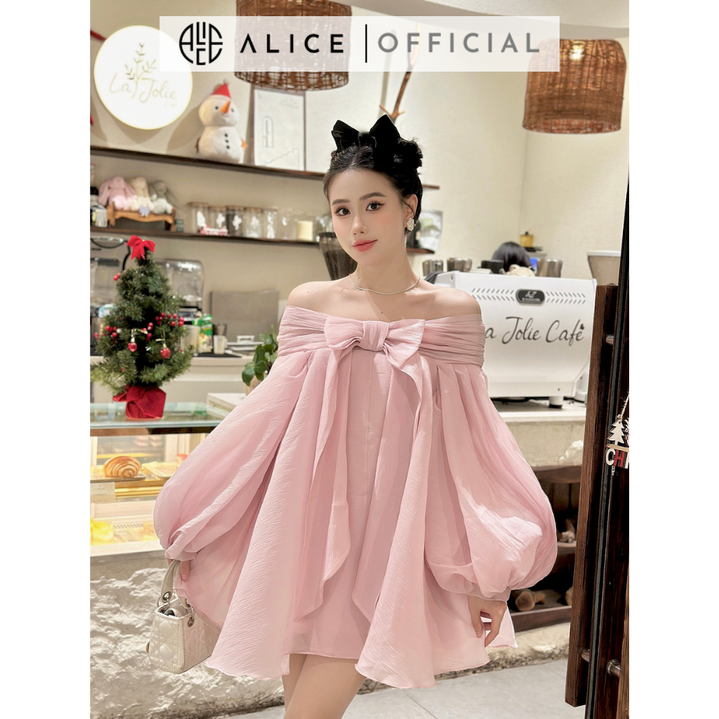 Váy Tơ Xốp Tiểu Thư ALICE Thiết Kế Trễ Vai Nơ Ngực Tay Bồng Điệu Đà Phong Cách Nữ Tính V959