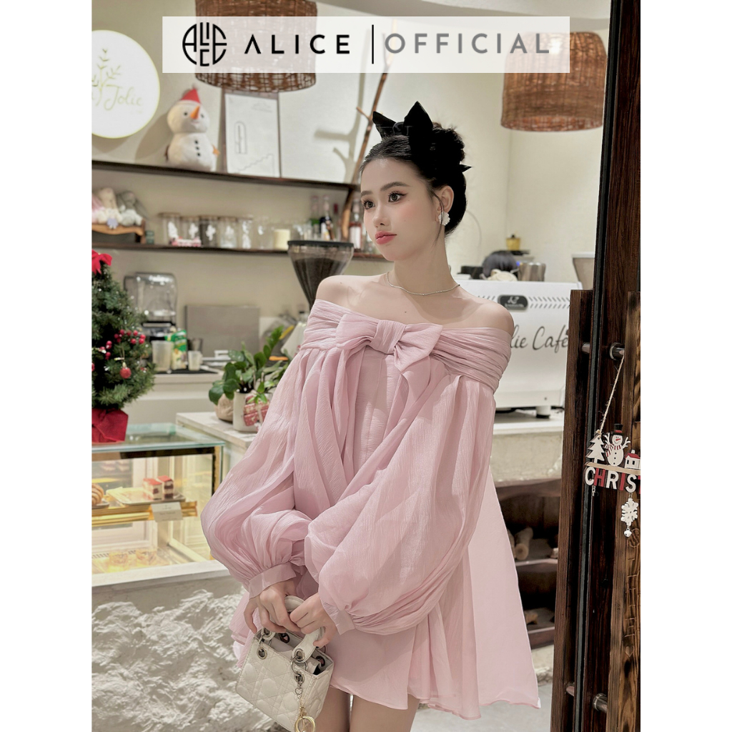 Váy Tơ Xốp Tiểu Thư ALICE Thiết Kế Trễ Vai Nơ Ngực Tay Bồng Điệu Đà Phong Cách Nữ Tính V959