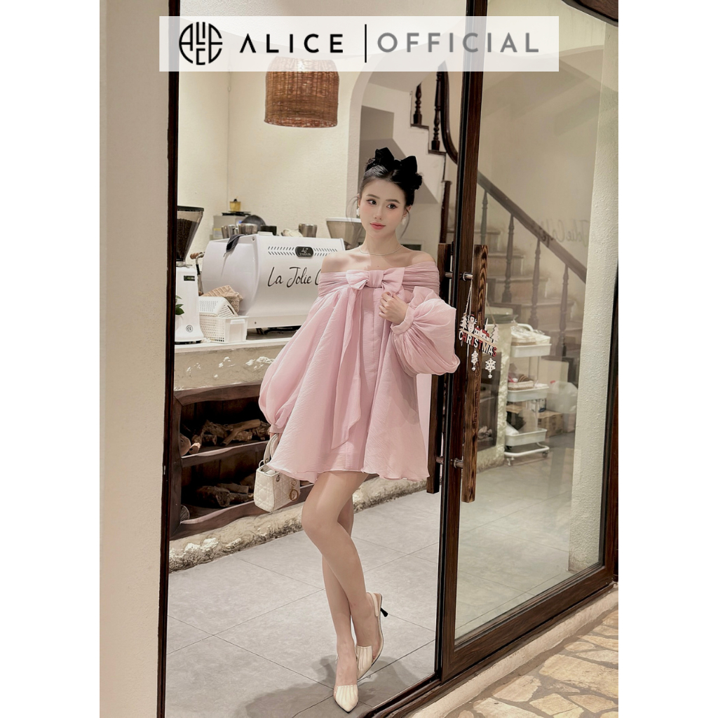 Váy Tơ Xốp Tiểu Thư ALICE Thiết Kế Trễ Vai Nơ Ngực Tay Bồng Điệu Đà Phong Cách Nữ Tính V959